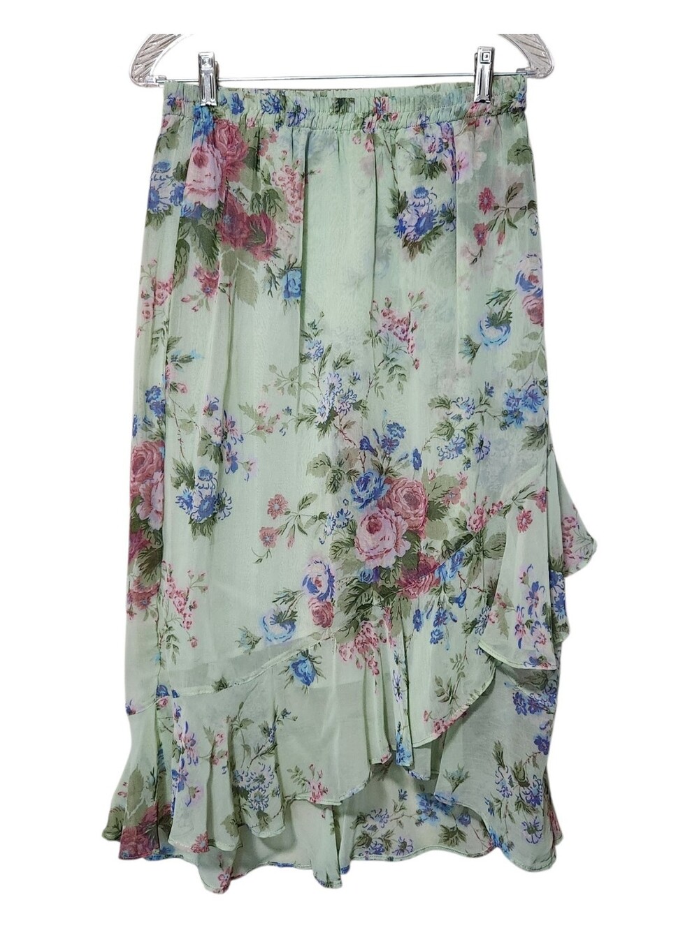 Vintage Willow Ridge Floral Ruffle Midi Skirt - Mint Green Medium Petite